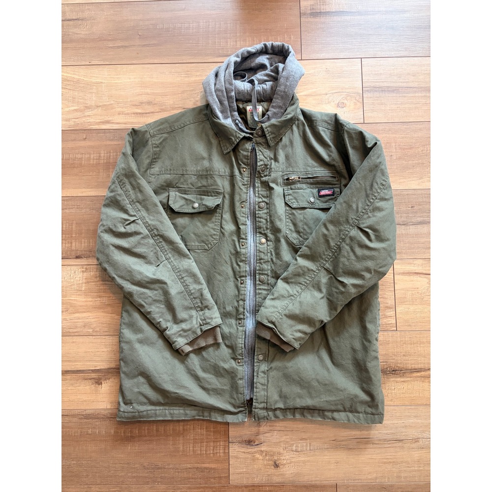 Genuine Dickies Mens XL Olive Green Hooded Canvas Quilted Lined Work Jacket Coat